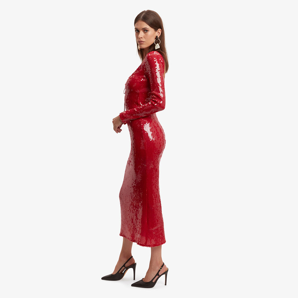 Red Plunging Neckline Sequin Dress