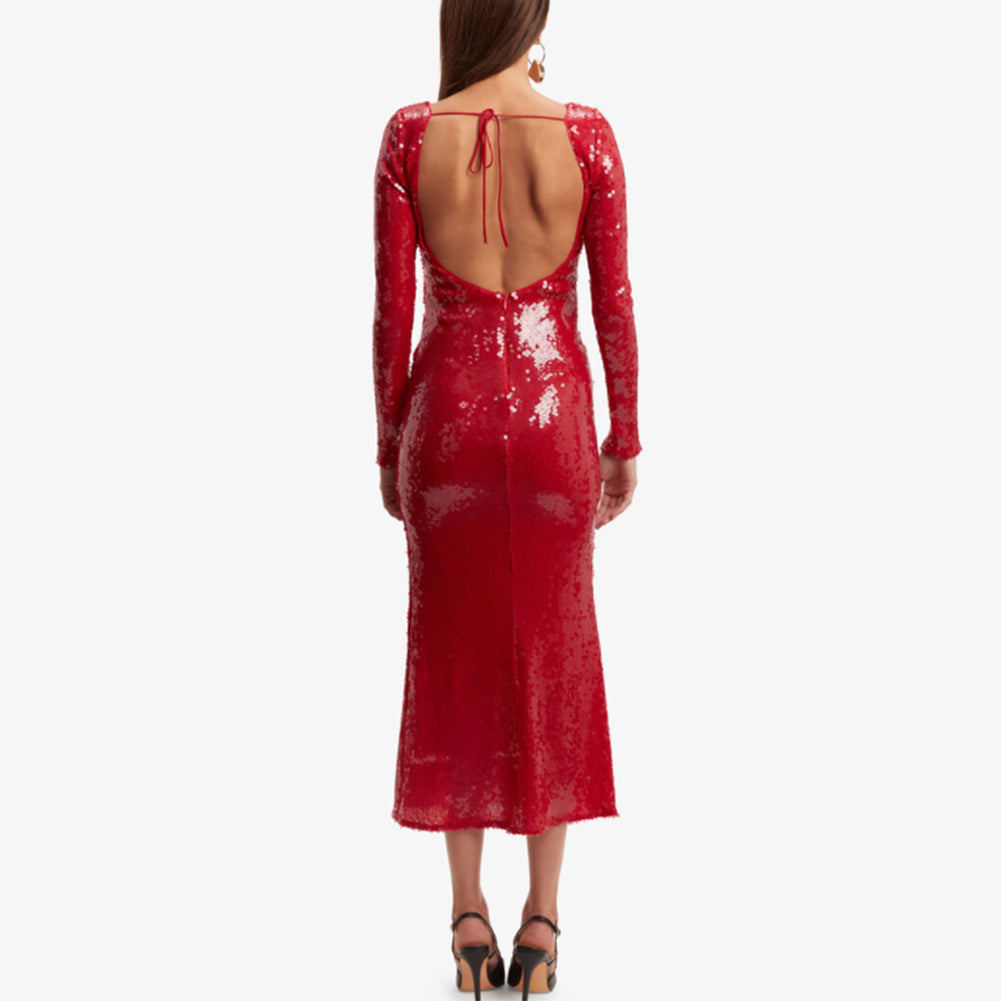 Red Plunging Neckline Sequin Dress