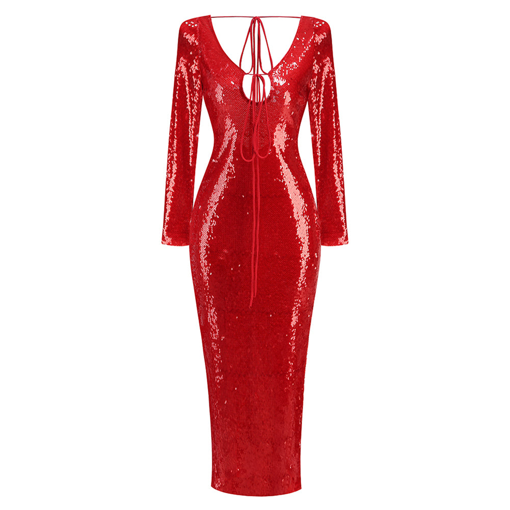 Red Plunging Neckline Sequin Dress