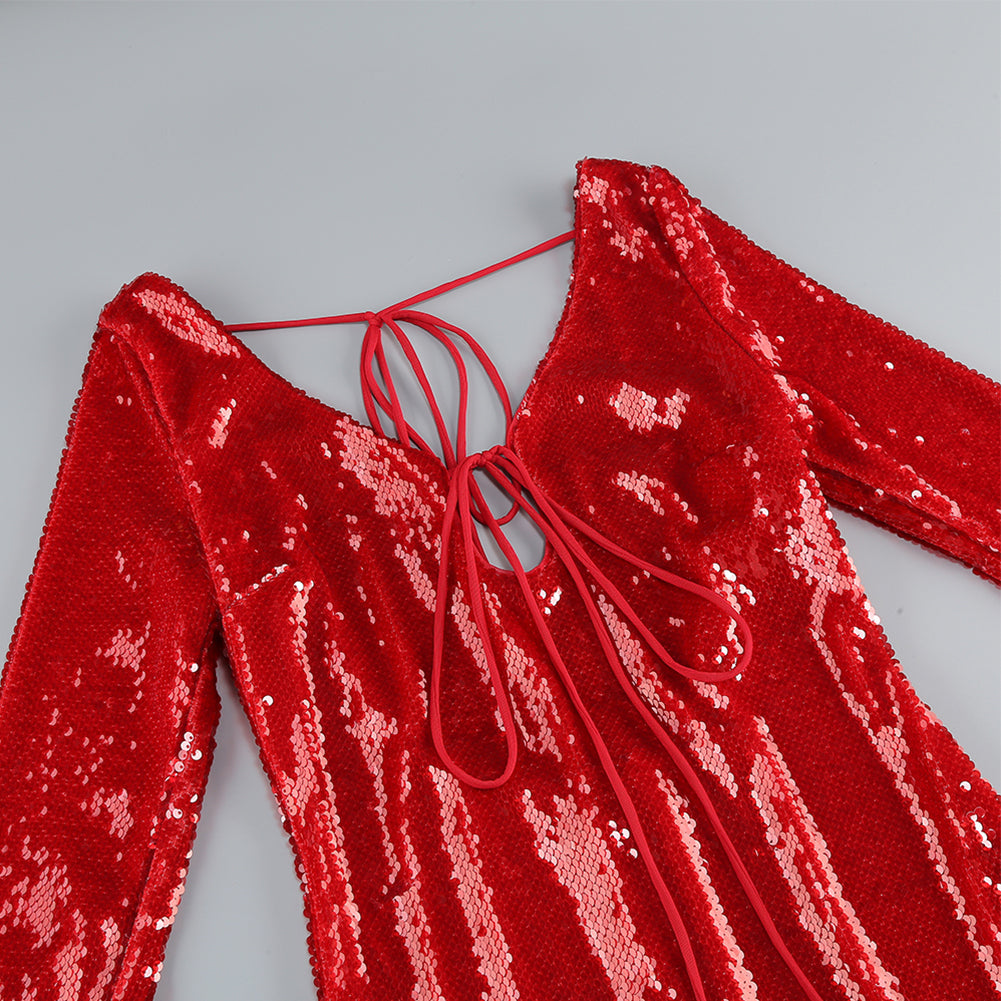 Red Plunging Neckline Sequin Dress