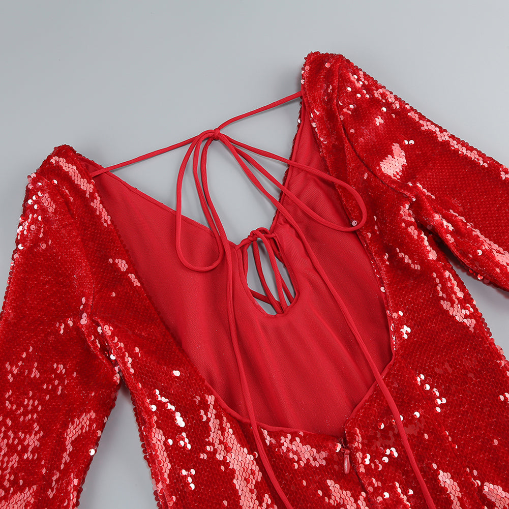 Red Plunging Neckline Sequin Dress