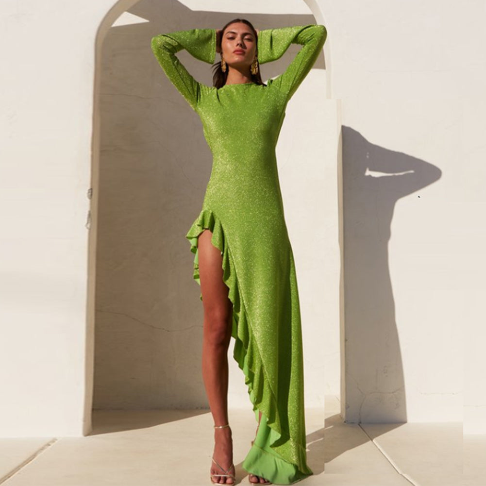 Green Asymmertical Ruffle Dress