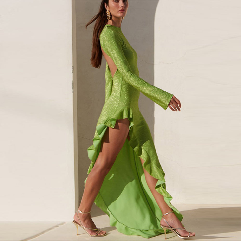 Green Asymmertical Ruffle Dress