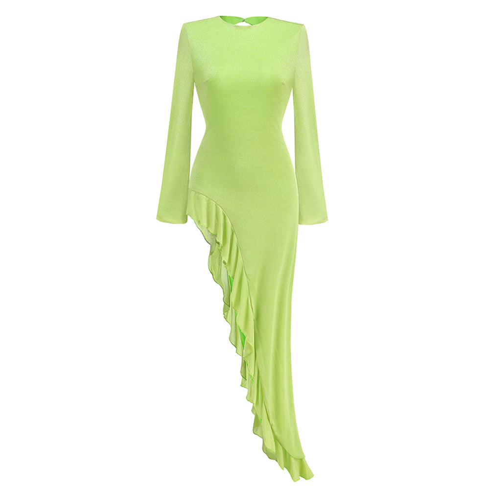 Green Asymmertical Ruffle Dress