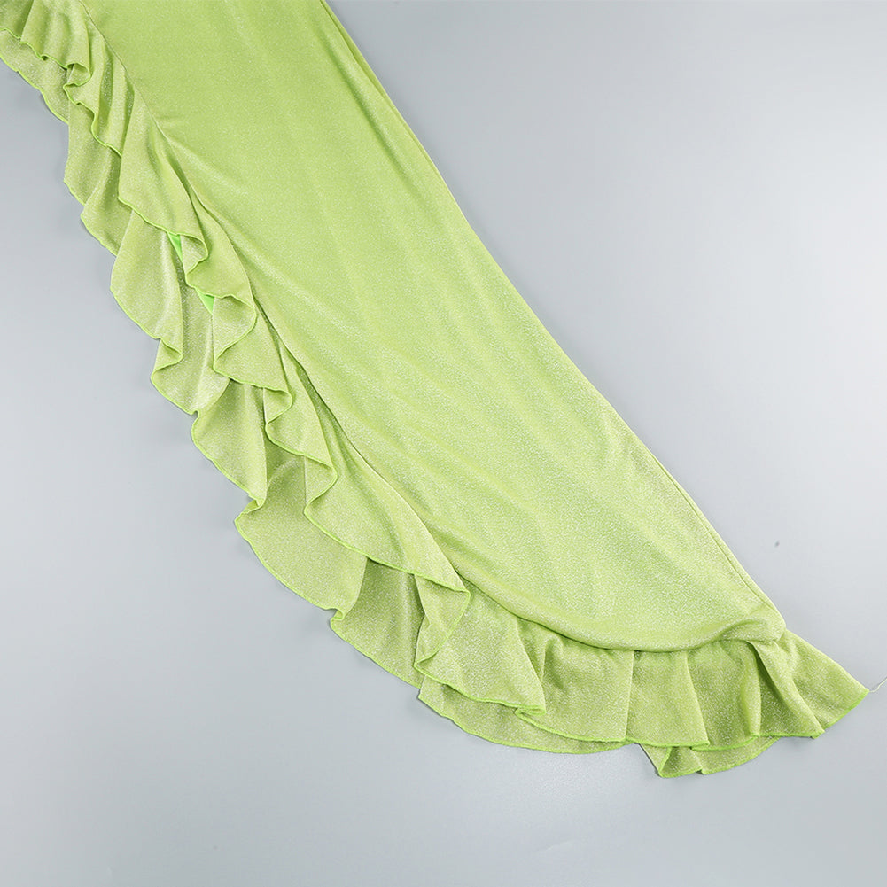 Green Asymmertical Ruffle Dress