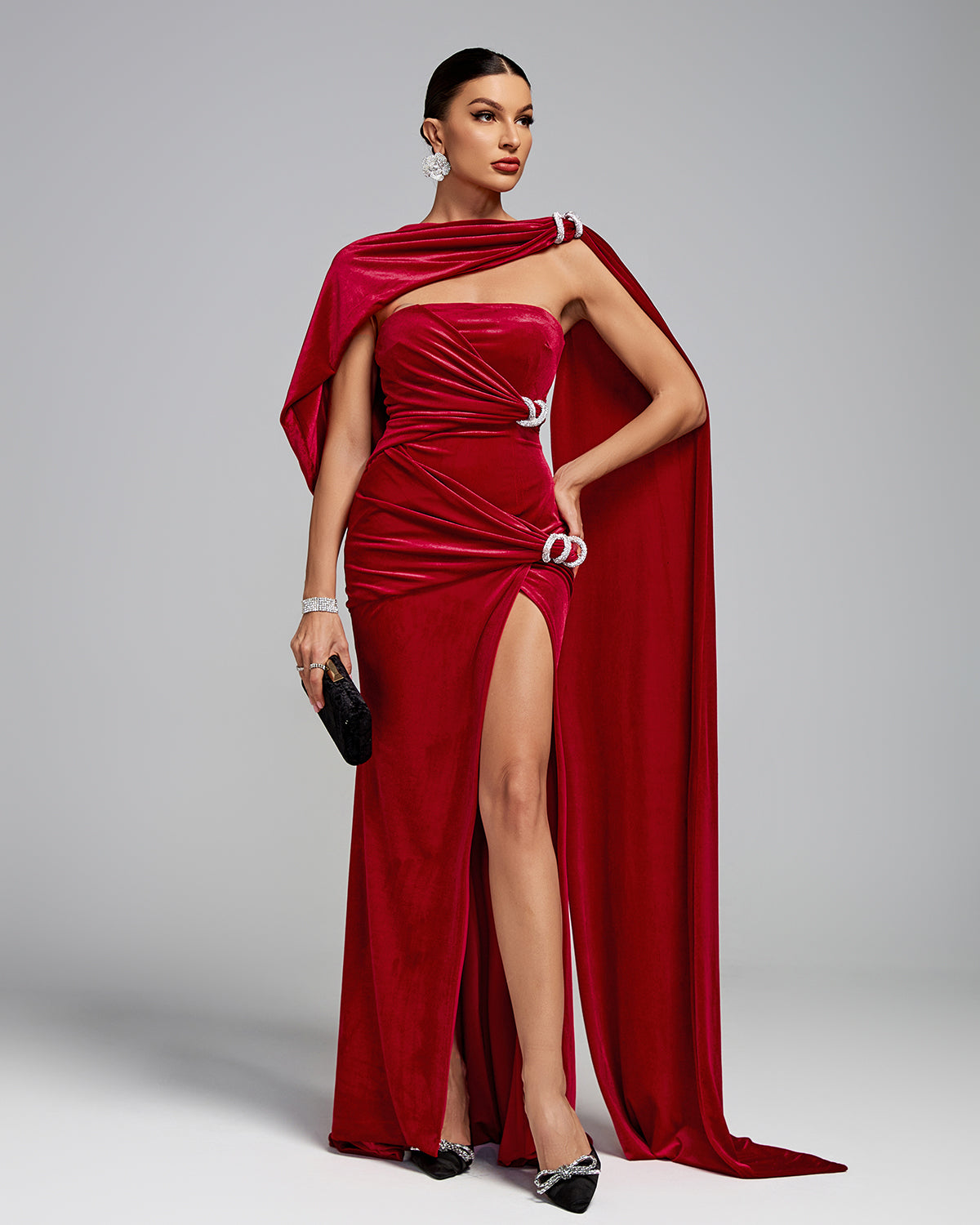 Asymmetrical Shawl Velvet Maxi Gown