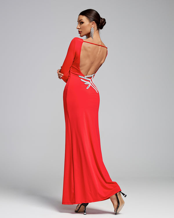 Crystal Palm Leaf Open Back Maxi Dress