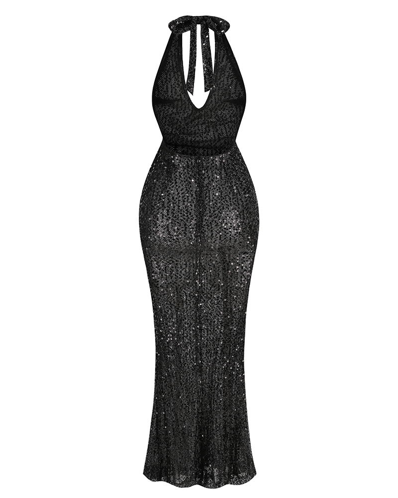 Halter Silver Sequins Mesh Backless Maxi Dress