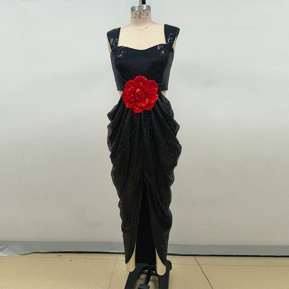 Red Rose Sequined Pleated Dress