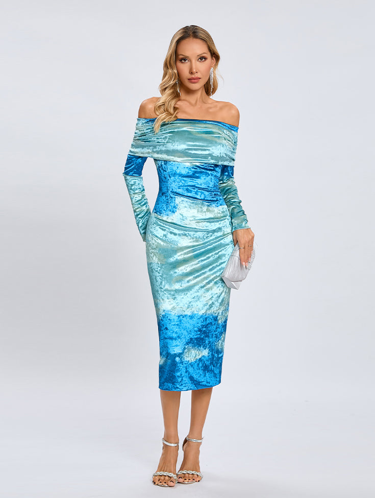 Off Shoulder Long Sleeve Tie Dye Midi Dress KLYF1333