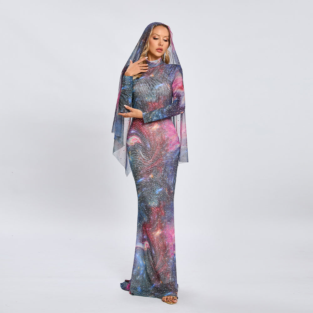 High Neck Long Sleeve Milky Way Maxi Dress KLYF1366