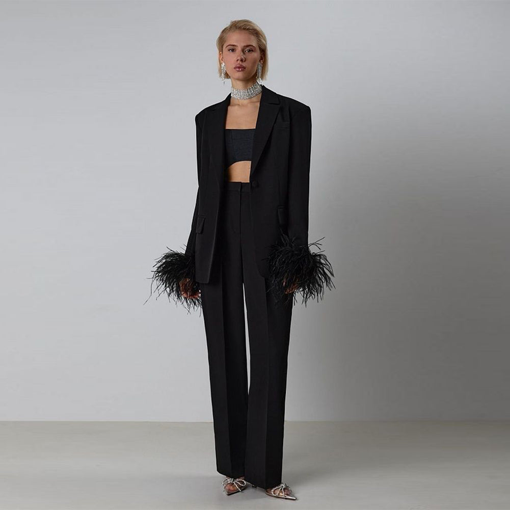 V Neck Long Sleeve Feather Suit KLYF809