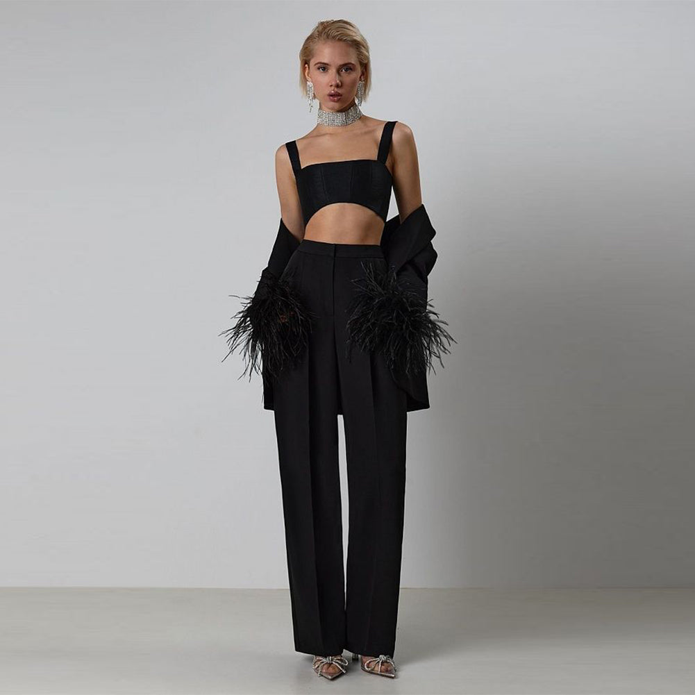 V Neck Long Sleeve Feather Suit KLYF809