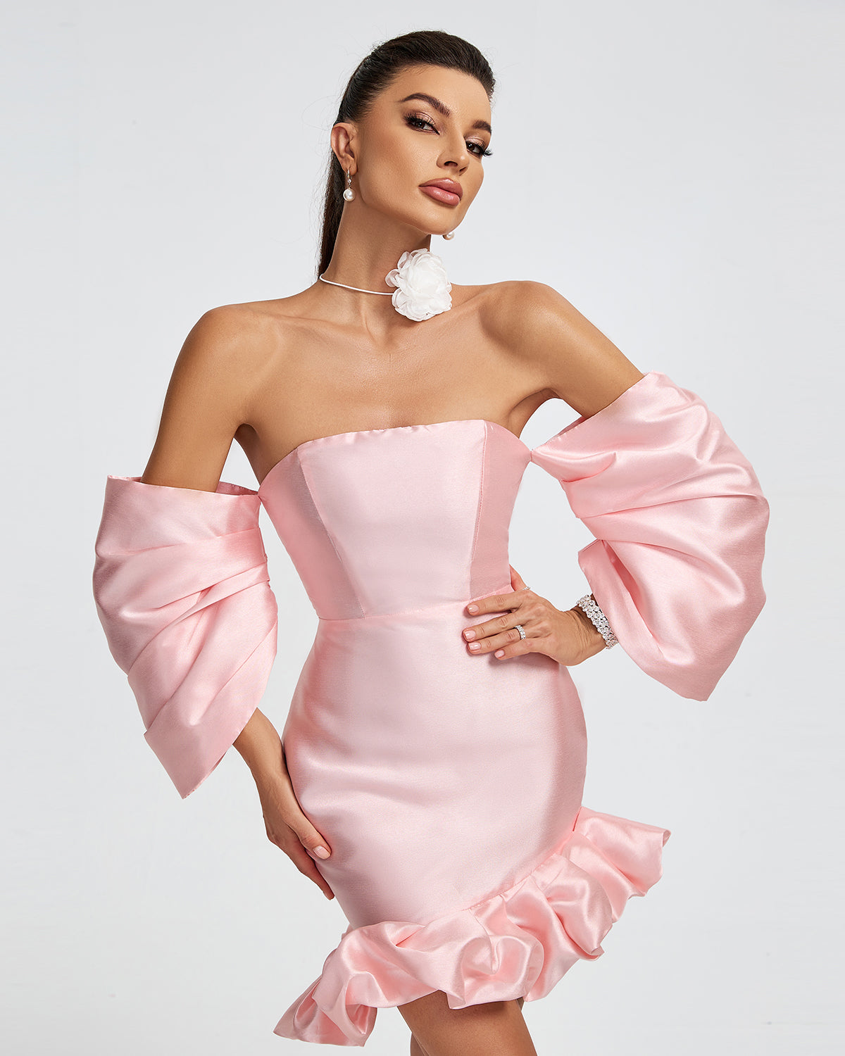 Off Shoulder Satin Puff Mini Dress