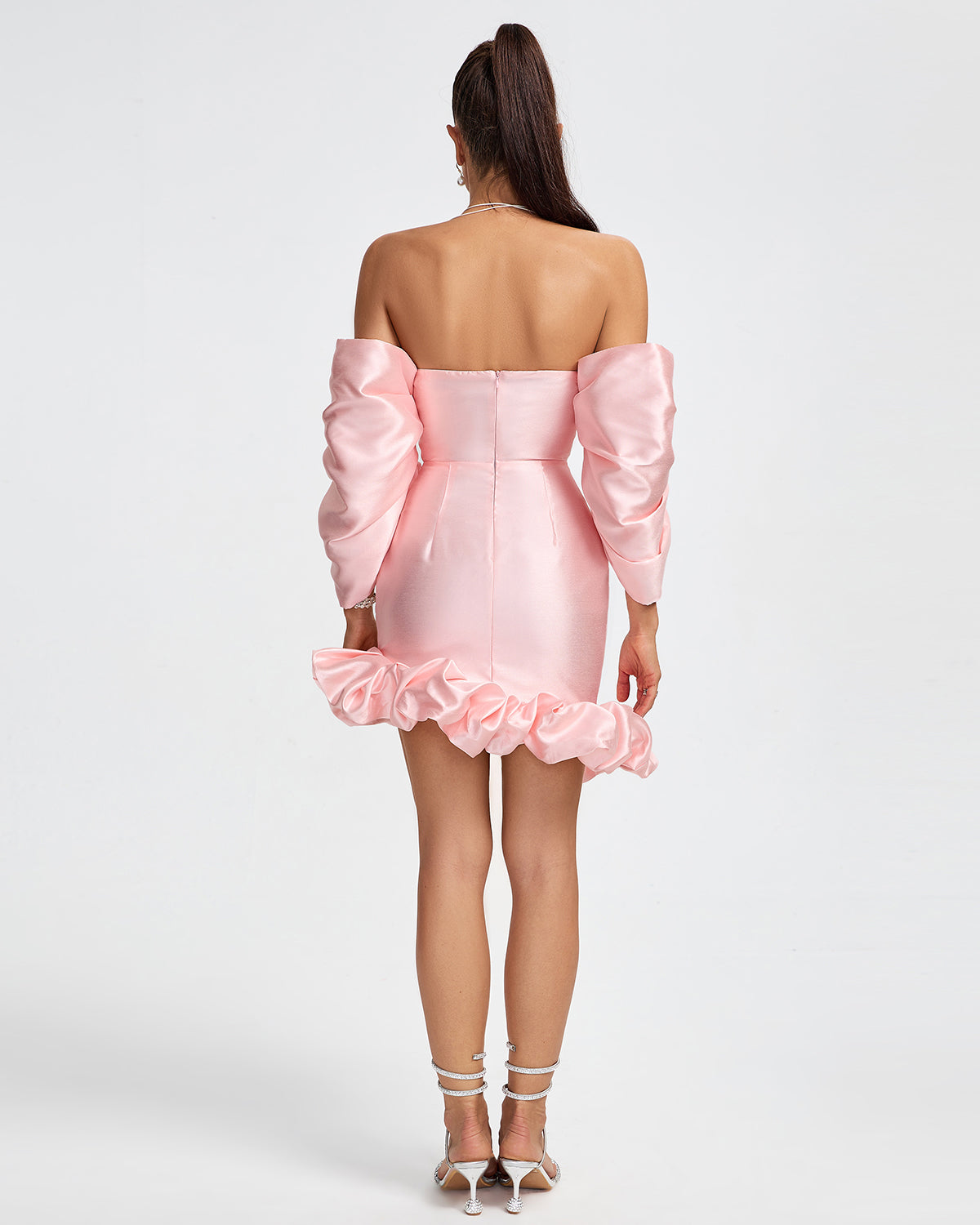 Off Shoulder Satin Puff Mini Dress