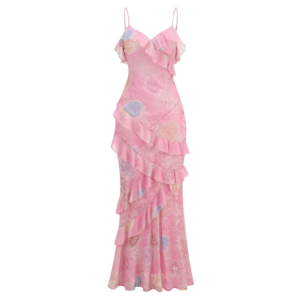 Boho Floral Maxi Pink Strappy Dress