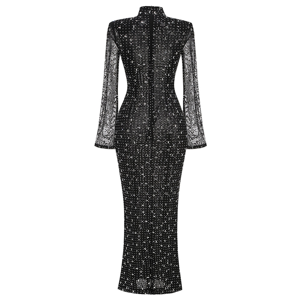 High Neck Long Sleeve Rhinestone Maxi Dress KLYKY02