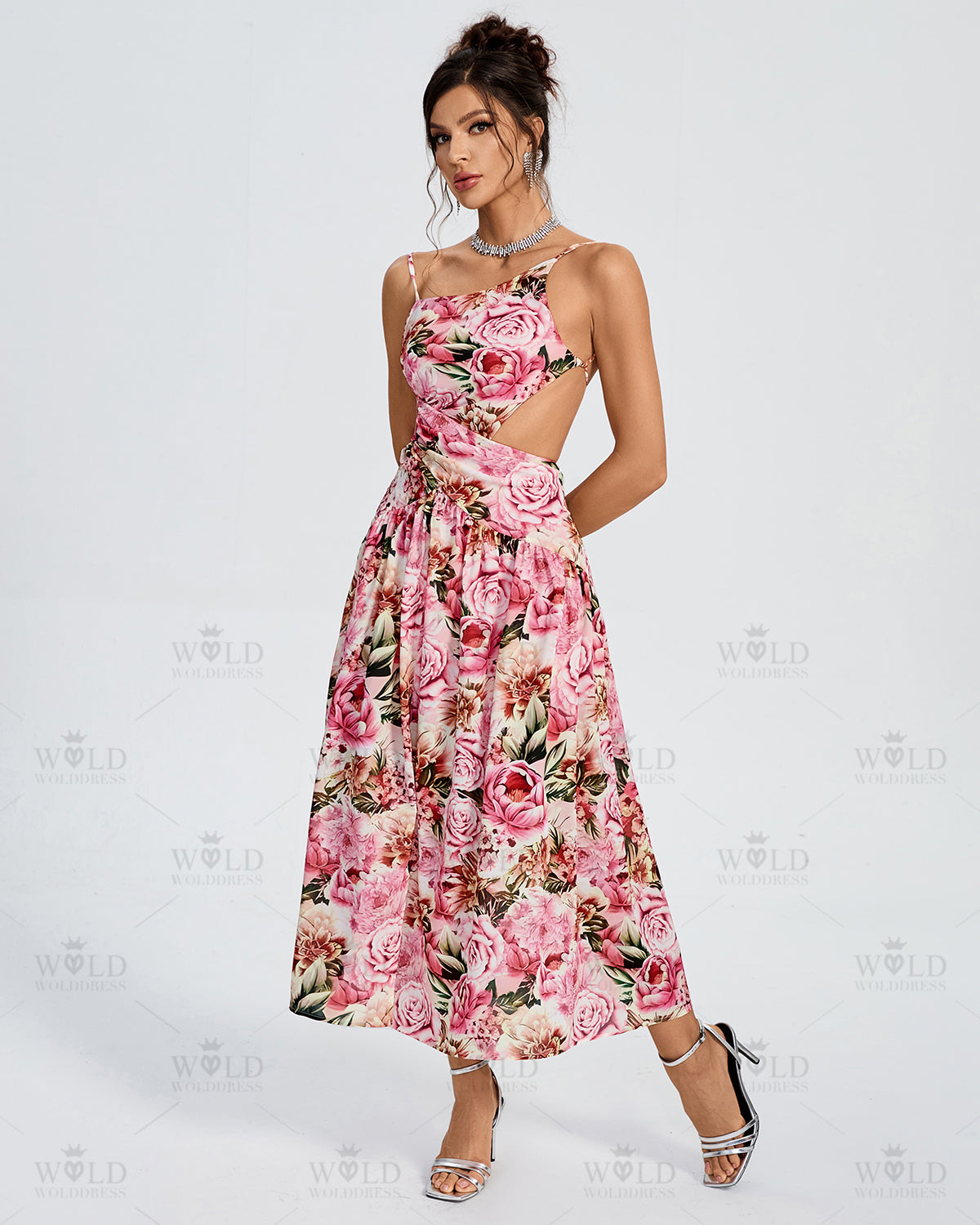 Asymmetric Peony Print Backless Dress