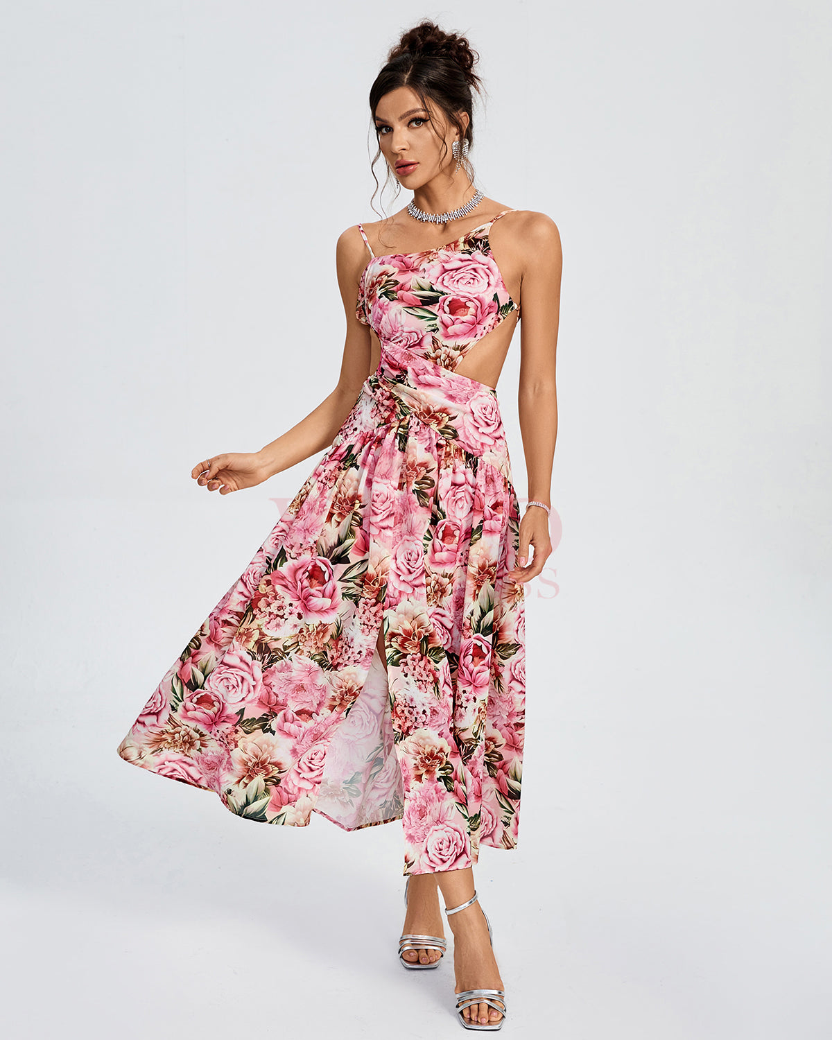 Asymmetric Peony Print Backless Dress