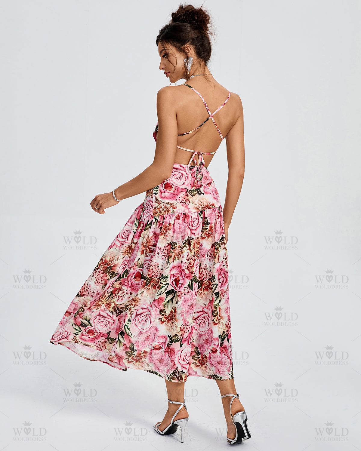 Asymmetric Peony Print Backless Dress