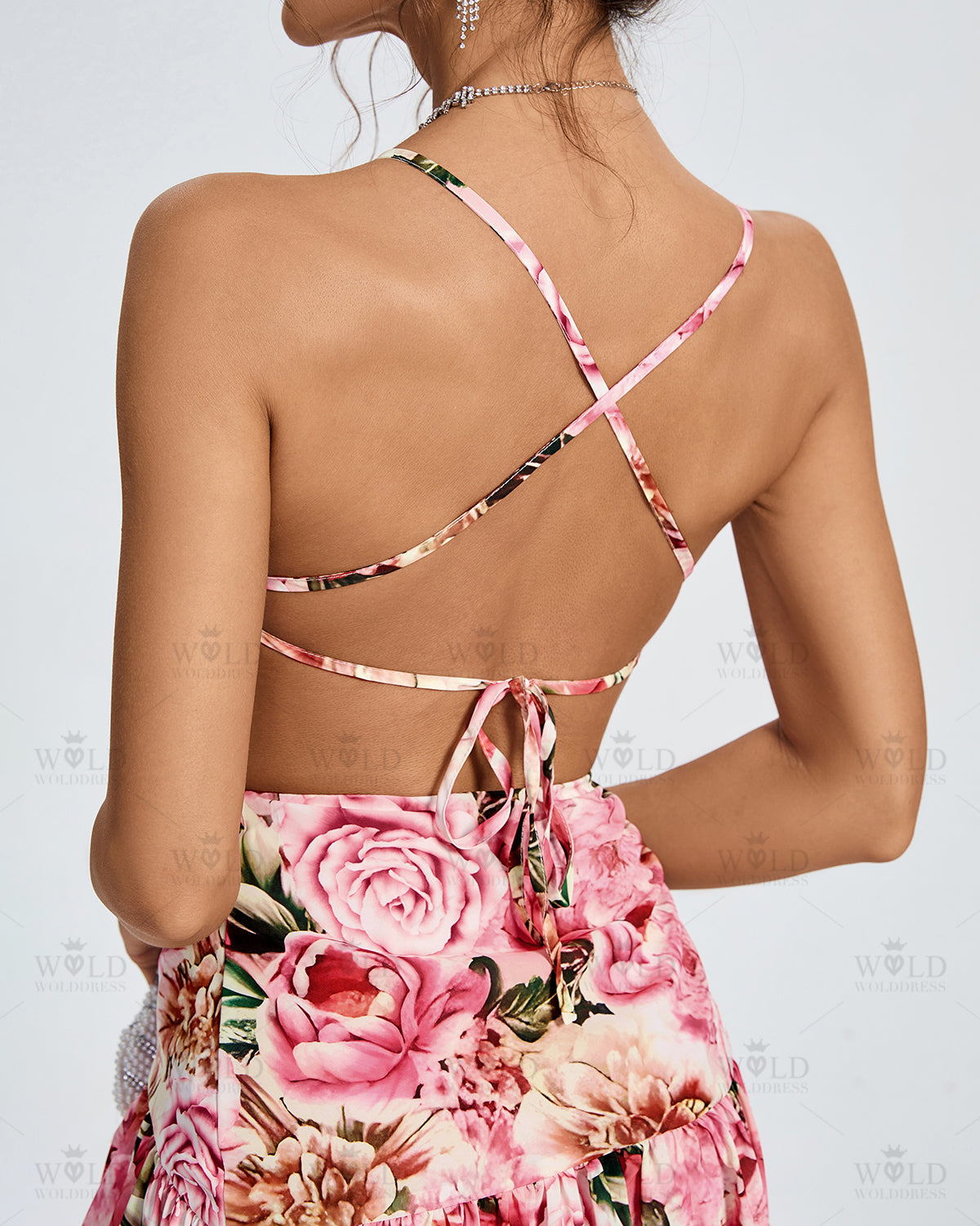 Asymmetric Peony Print Backless Dress