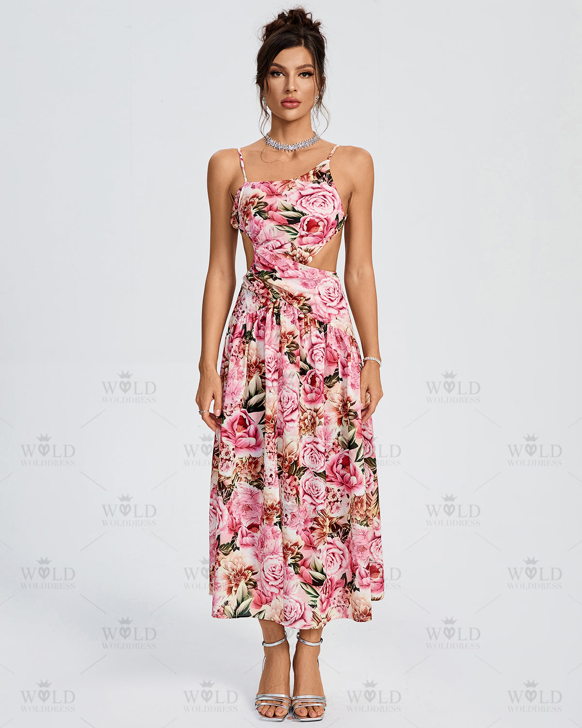 Asymmetric Peony Print Backless Dress