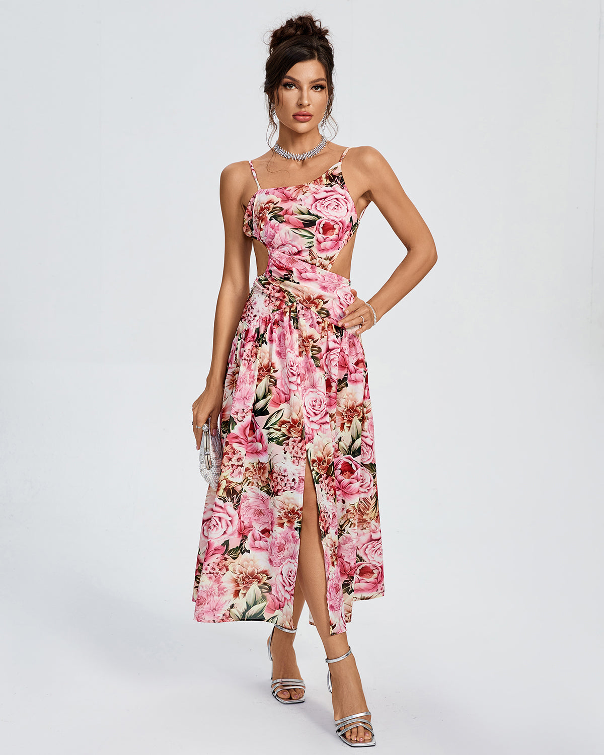 Asymmetric Peony Print Backless Dress