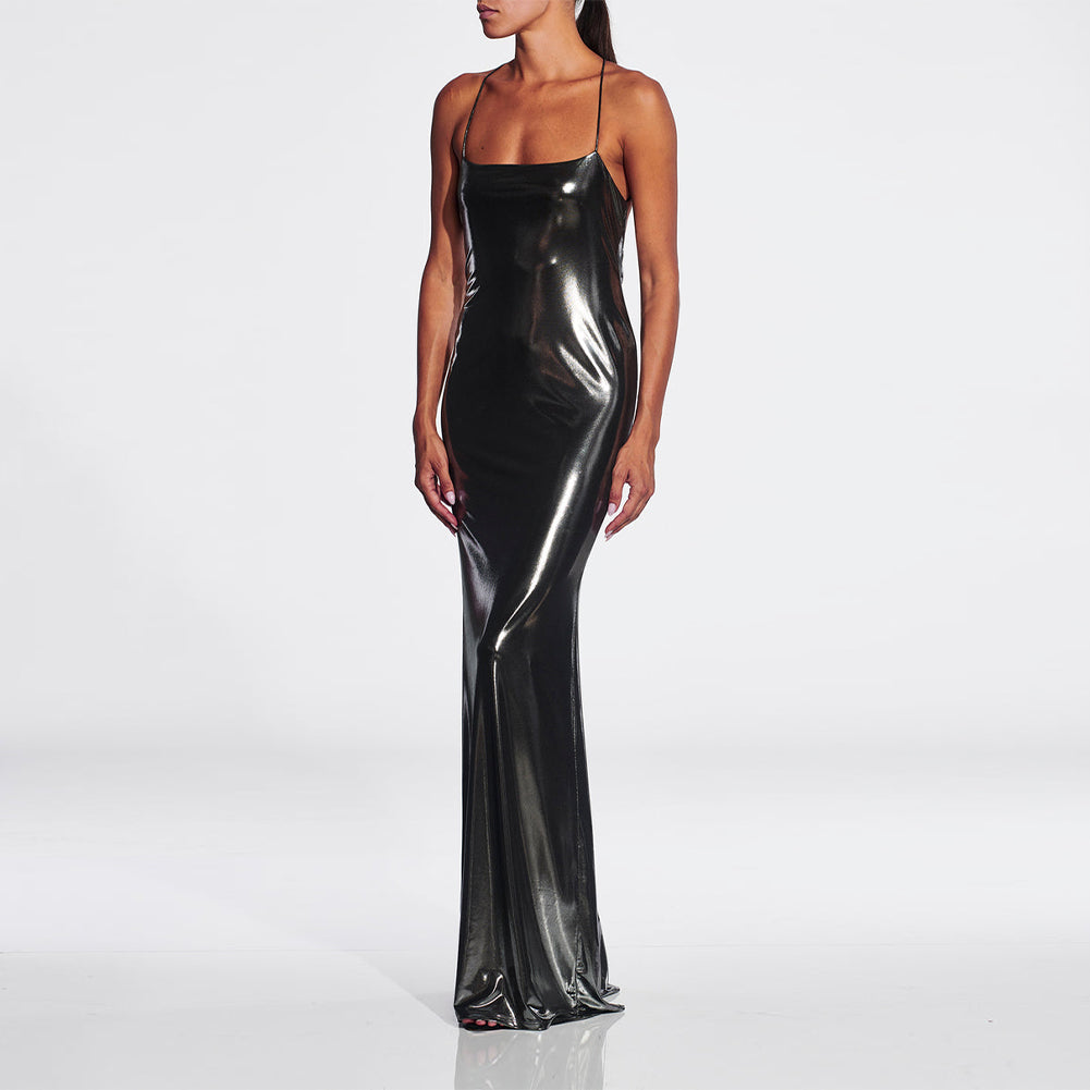 Strappy Sleeveless Glossy Maxi Dress KLYS019