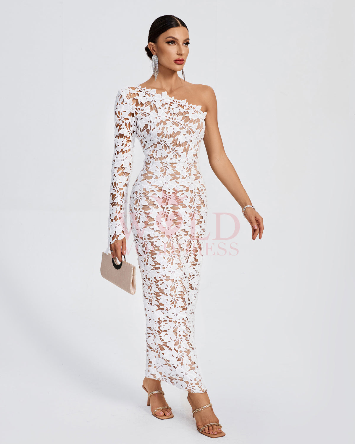 One Shoulder Lace Floral Long Dress