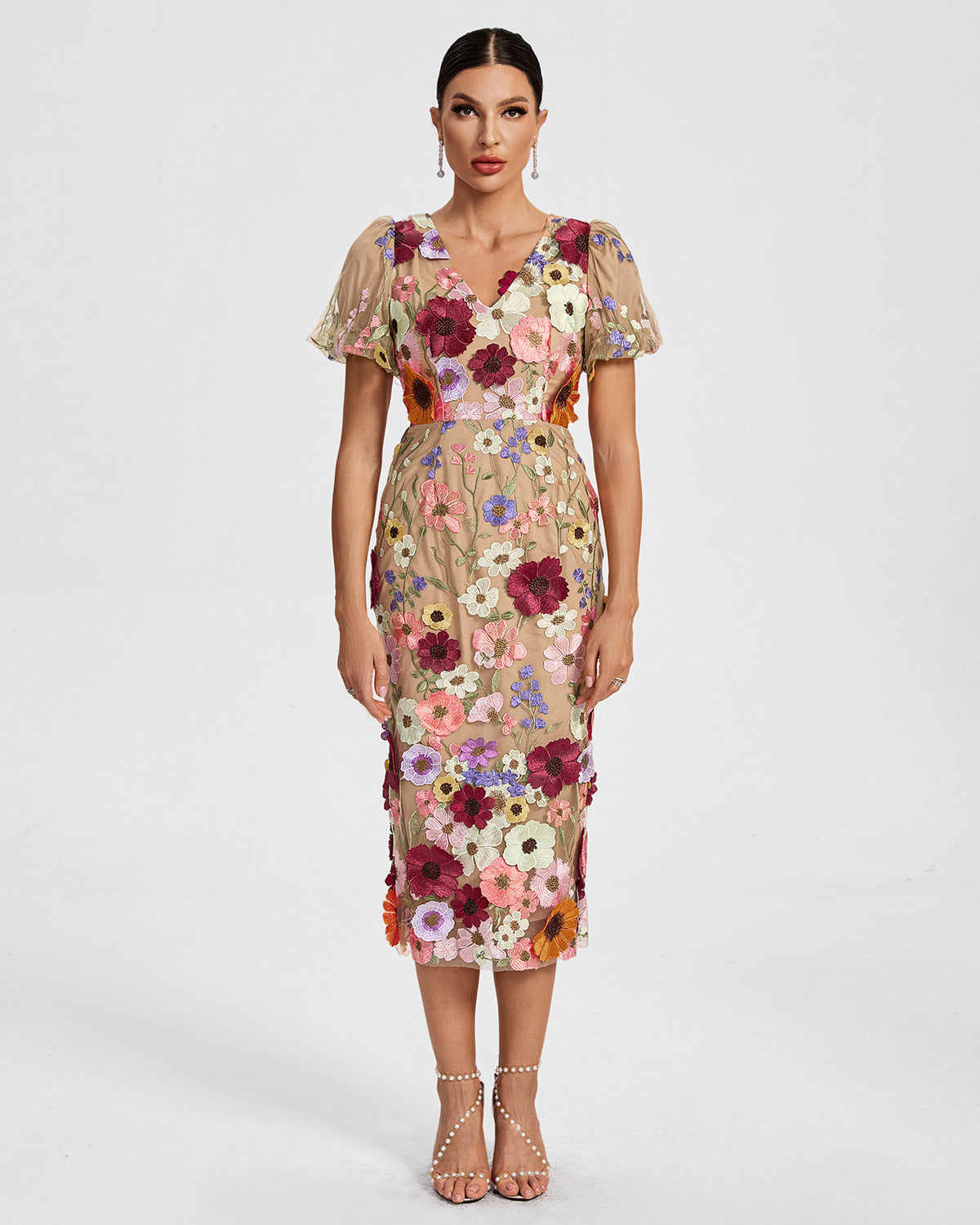 Maraya V-Neck 3D Floral Midi Dress