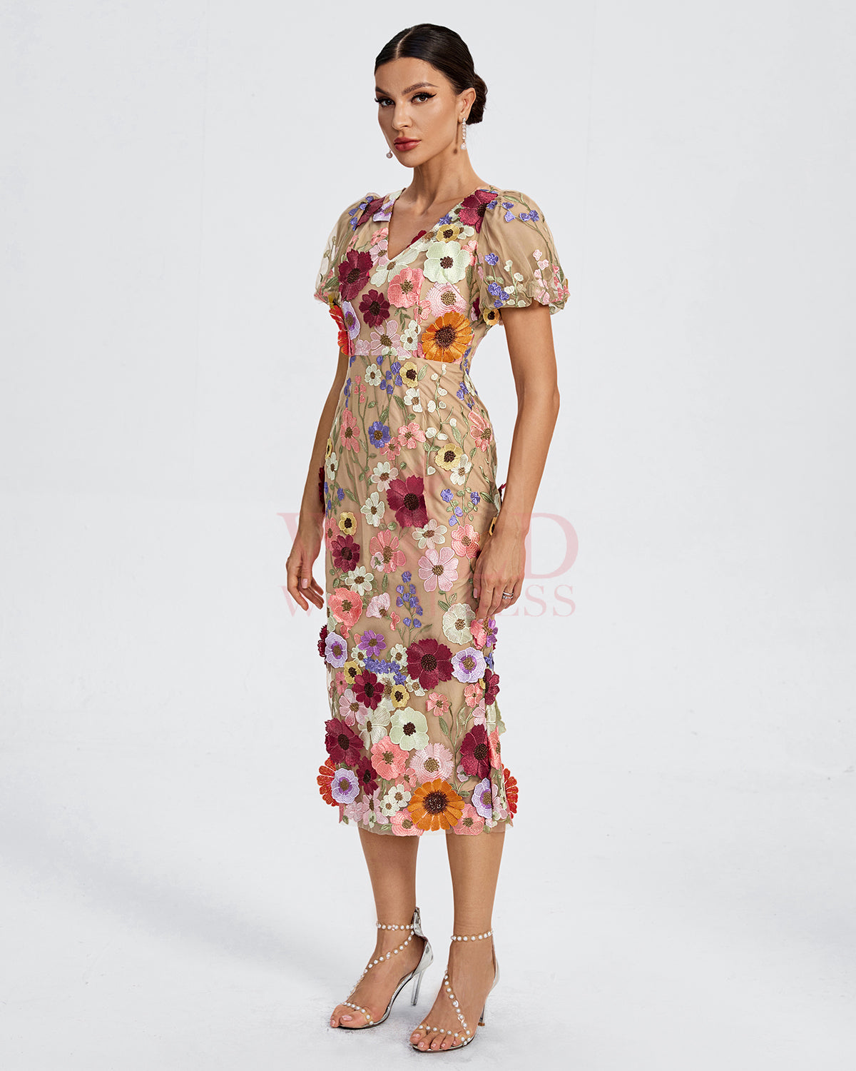 Maraya V-Neck 3D Floral Midi Dress