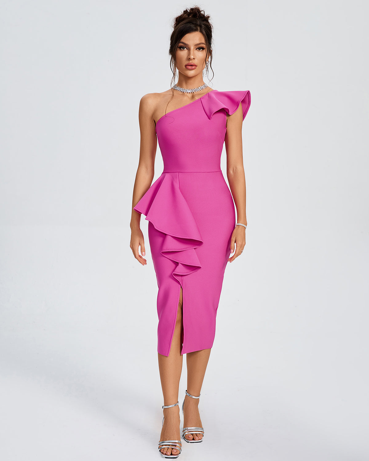 One Shoulder Ruffle Cocktail Bandage Dress