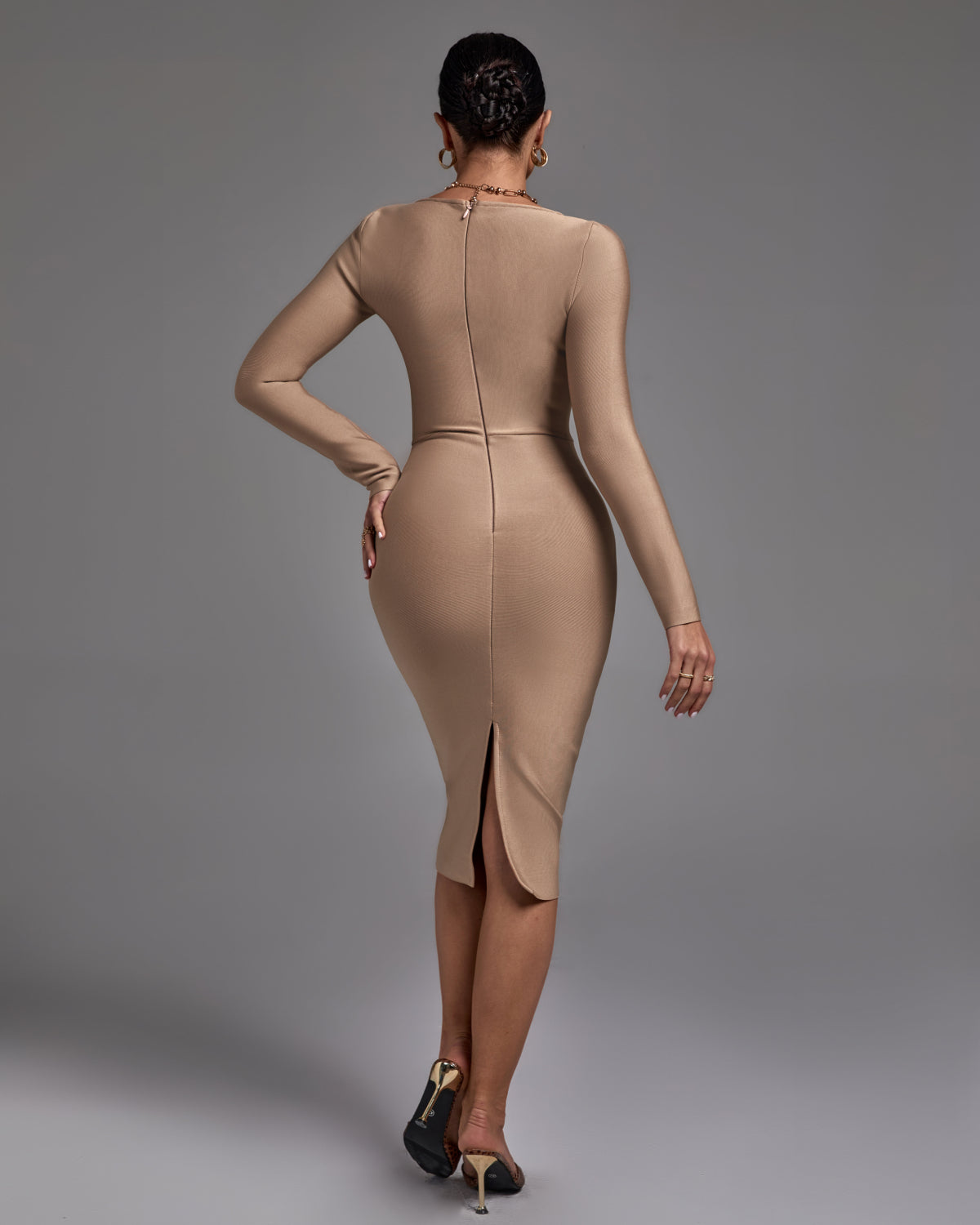 Square Collar Long Sleeve Plain Midi Bandage Dress