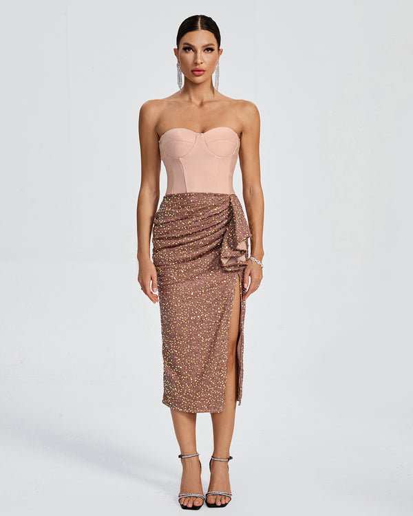 Strapless Sequin Draped Midi Dress