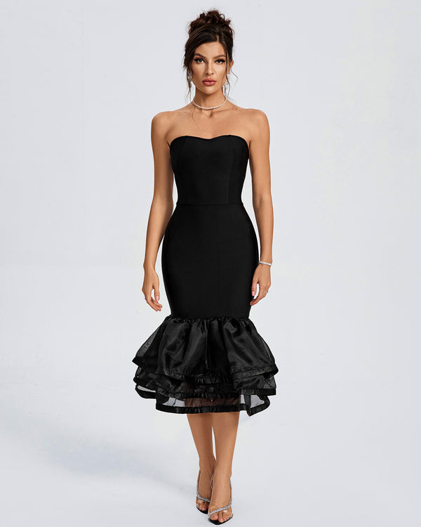 Strapless Tiered Ruffle Hem Bandage Dress