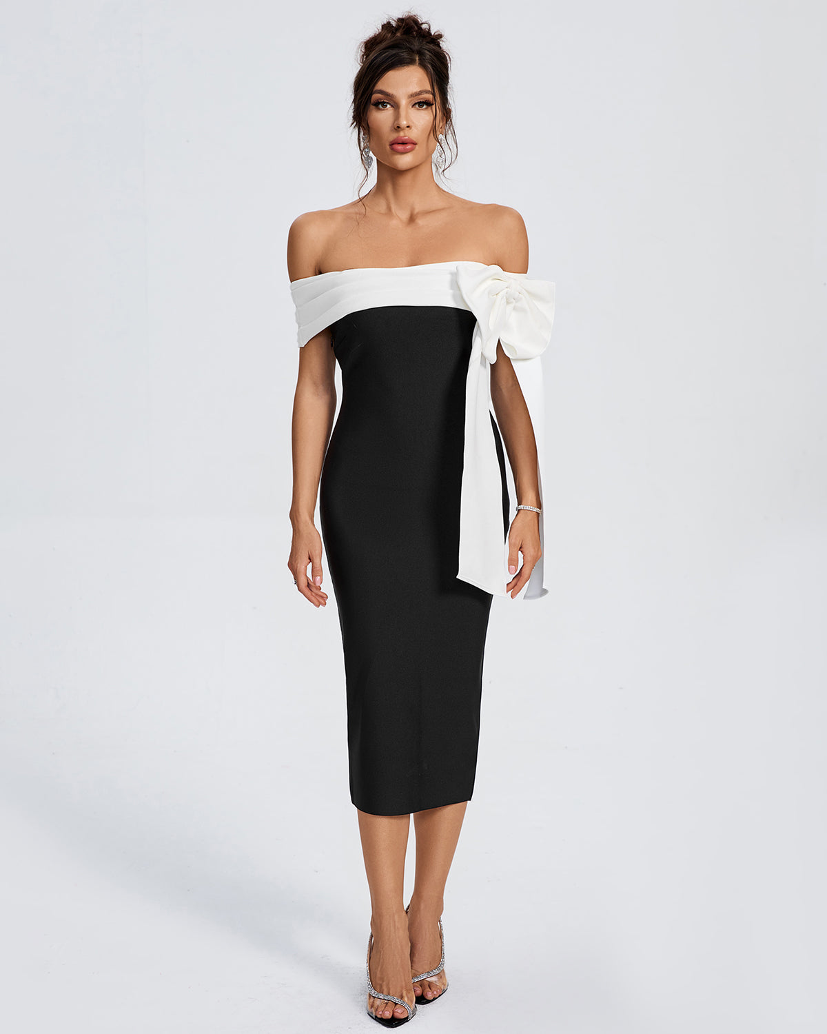 White-Bow Off Shoulder Midi Bandage Dress