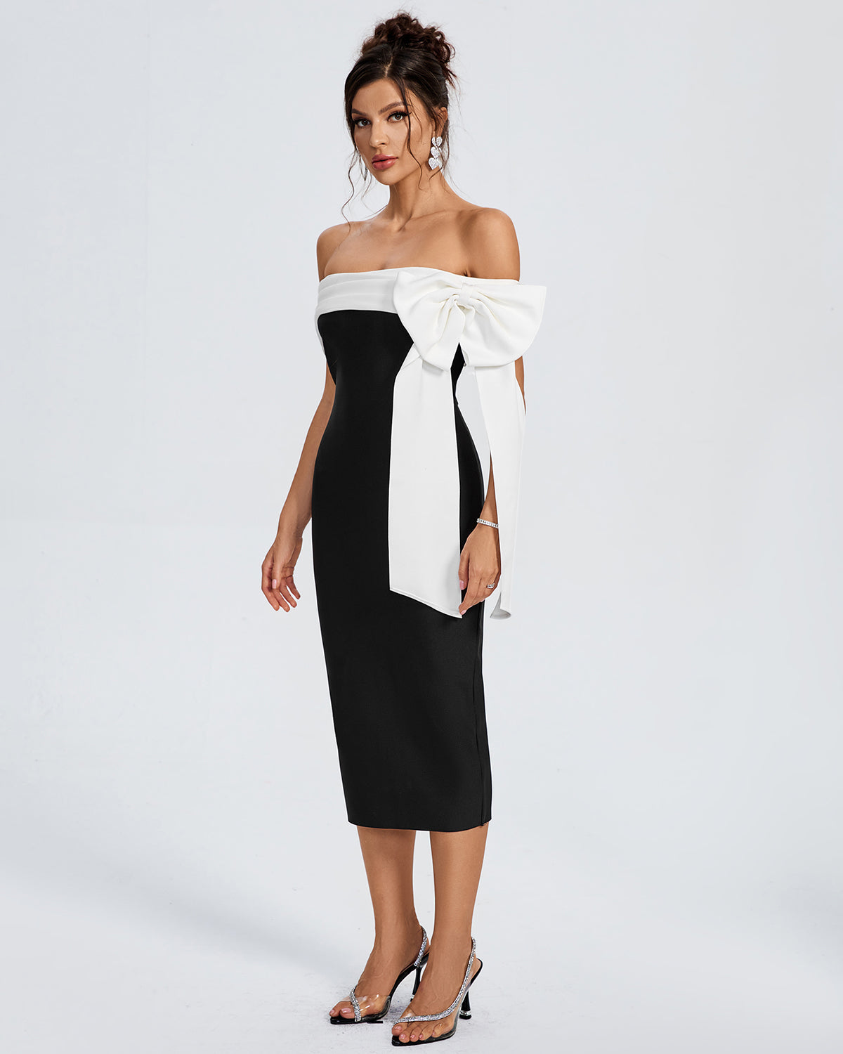 White-Bow Off Shoulder Midi Bandage Dress