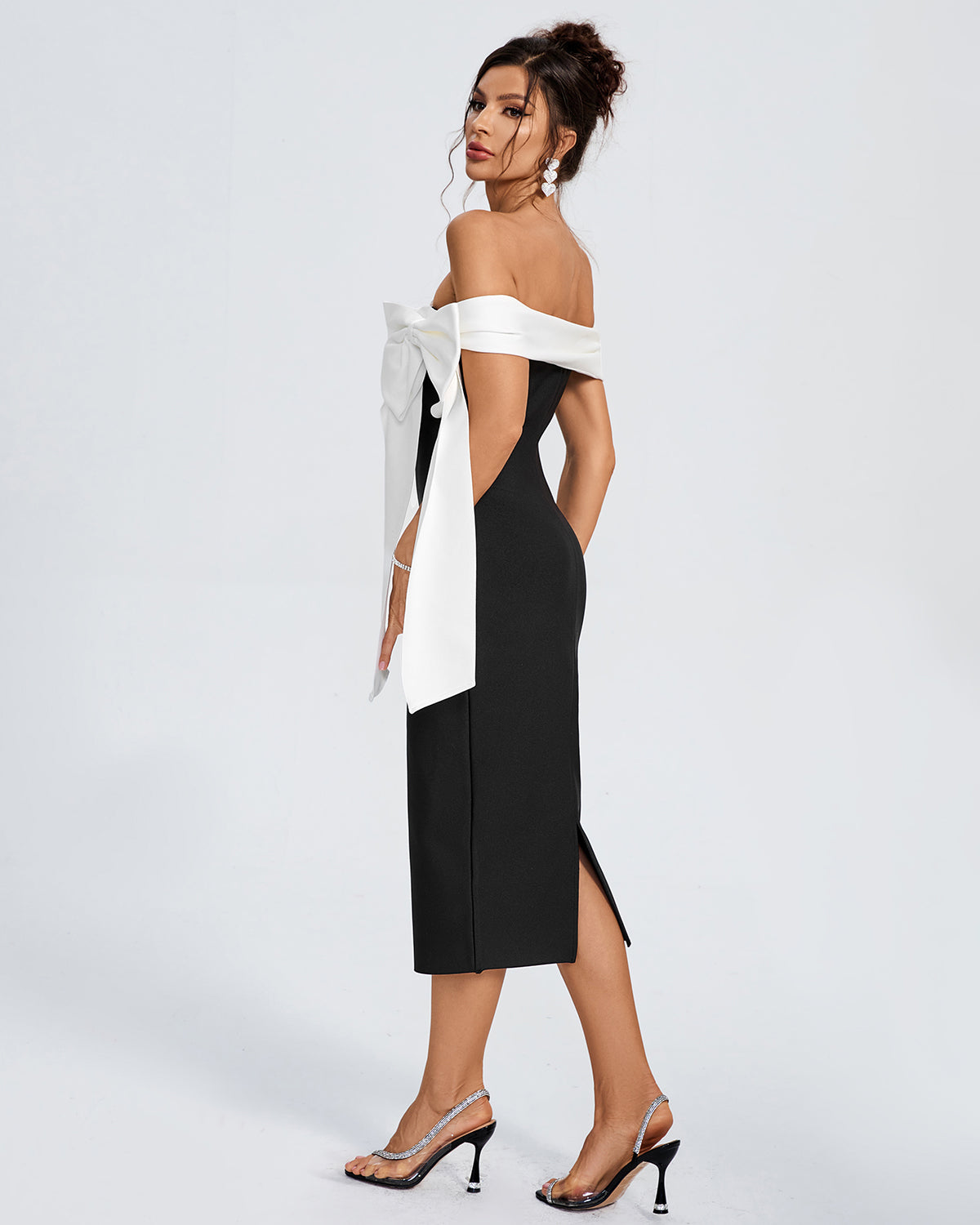 White-Bow Off Shoulder Midi Bandage Dress