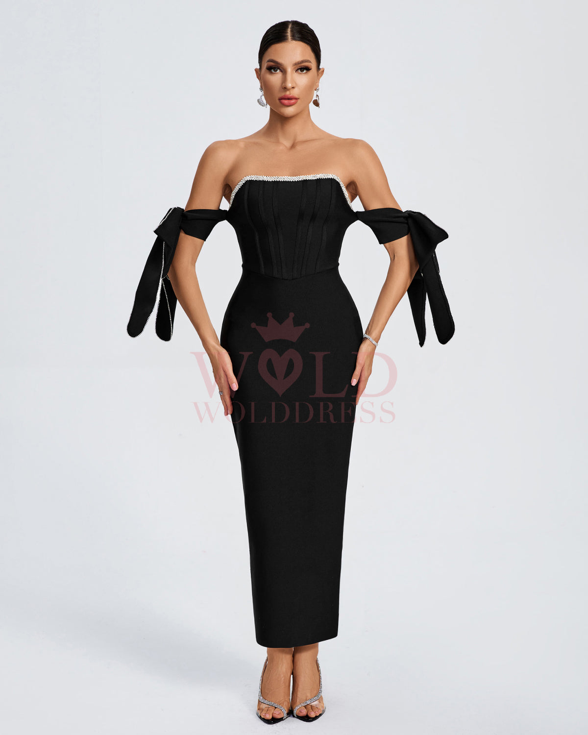 Rhinestone Trim Bowknot-Sleeve Bandage Dress