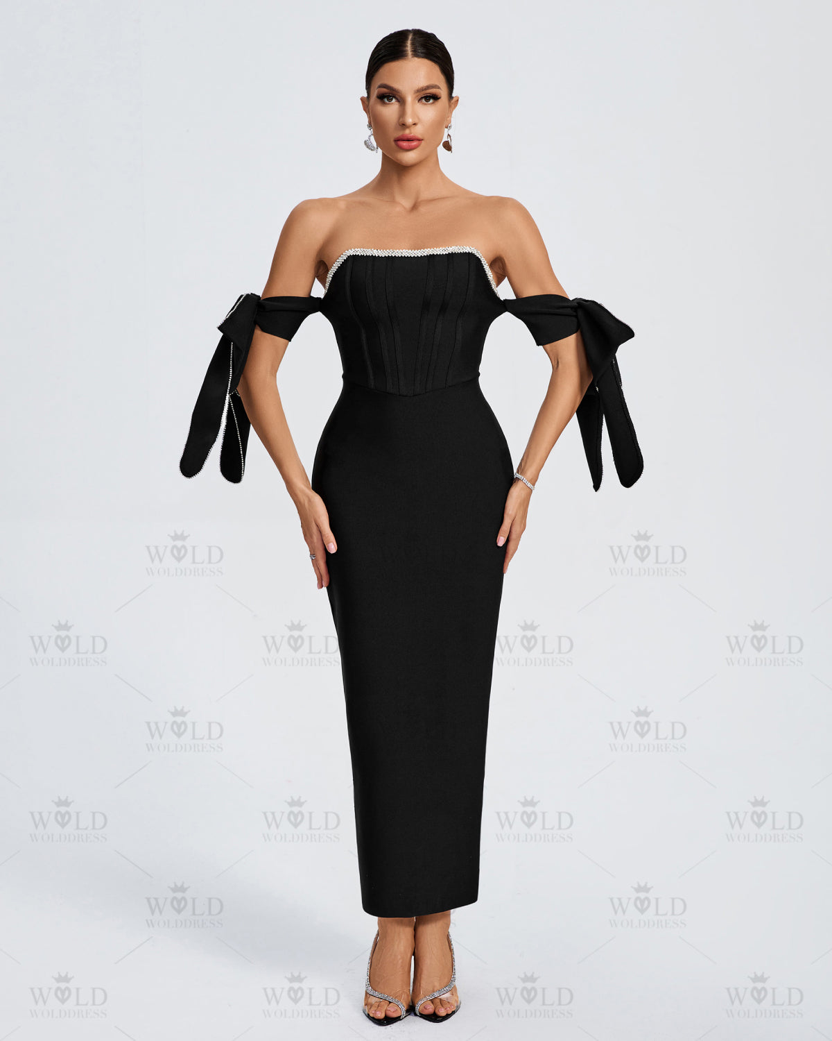 Rhinestone Trim Bowknot-Sleeve Bandage Dress