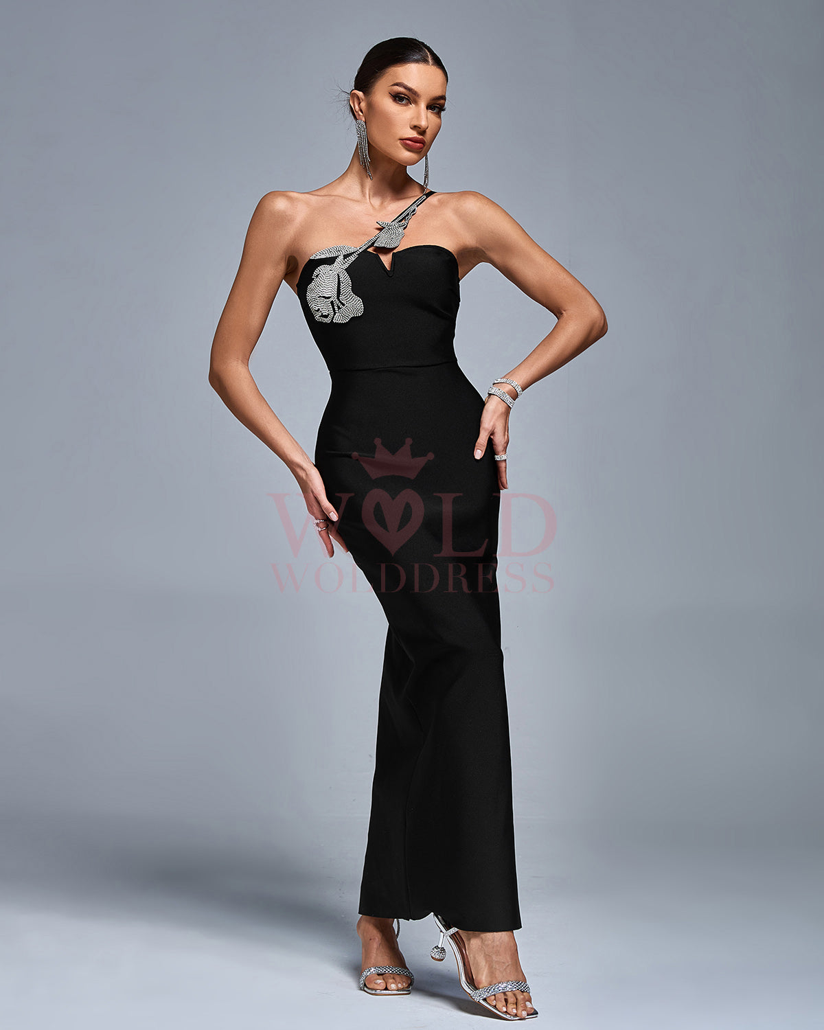 Rhinestone Applique Rose Bandage Dress