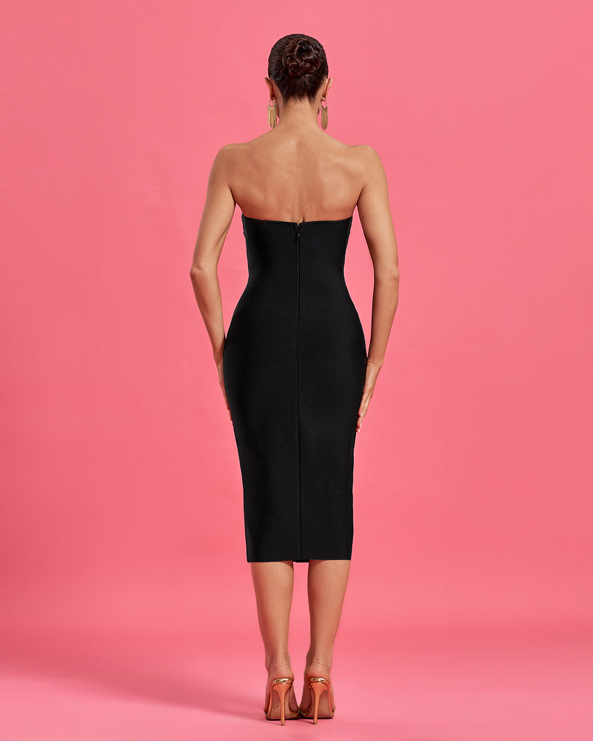 Strapless Button-Front Bandage Midi Dress