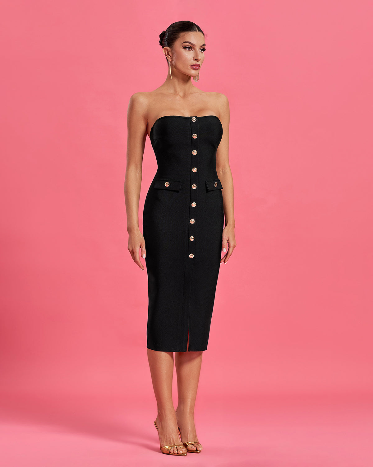 Strapless Button-Front Bandage Midi Dress