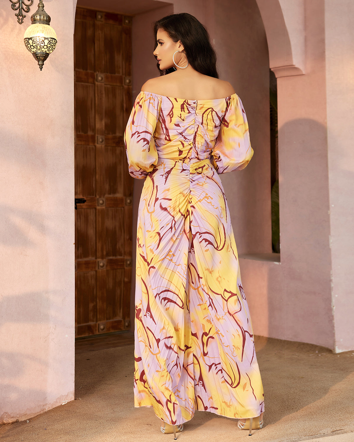 Off Shoulder Ruched Print Maxi Dress