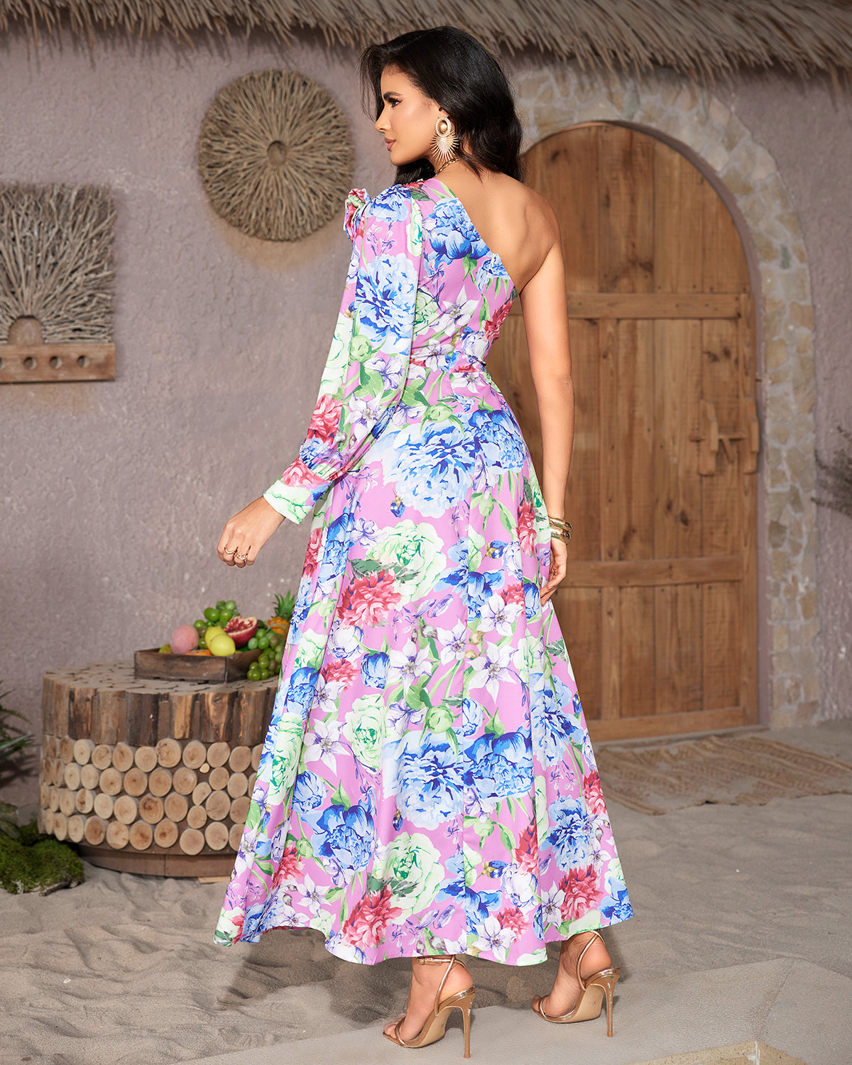 One Sleeve Ruched Print Maxi Dress