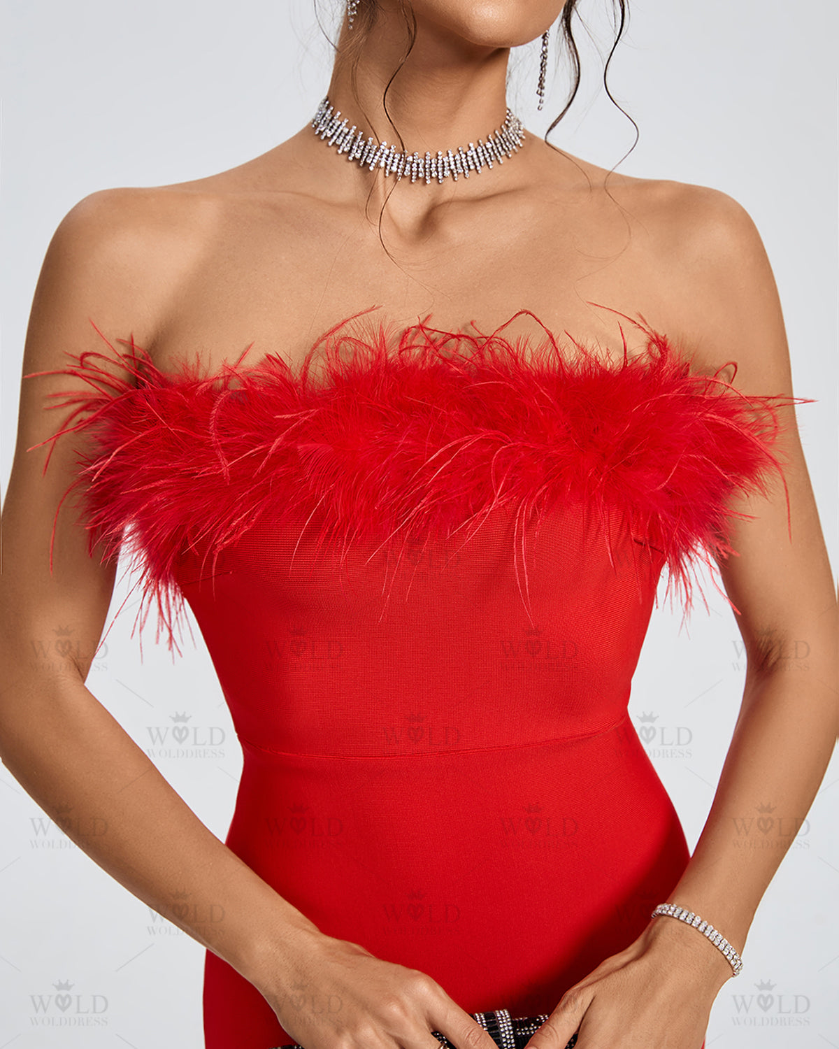 Strapless Feather Trim Bandage Fishtail Dress