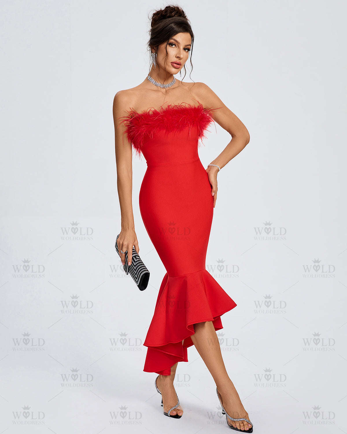 Strapless Feather Trim Bandage Fishtail Dress