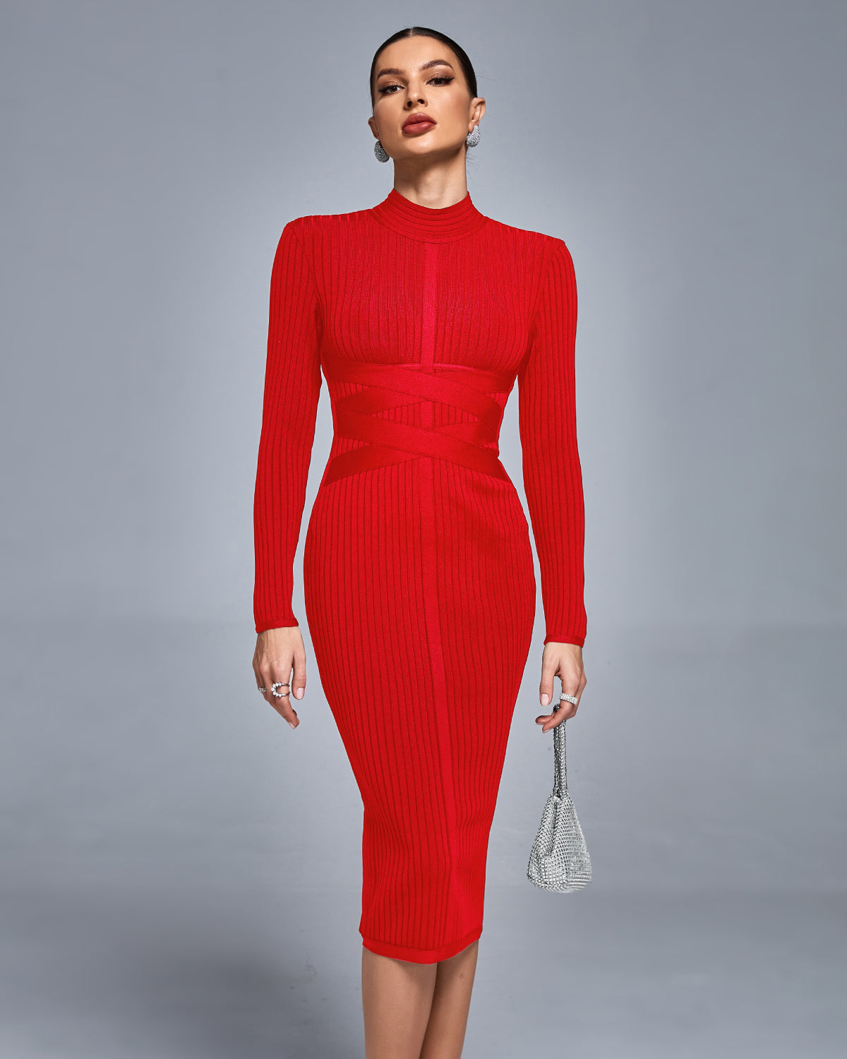 Classic Cross Ribbed Bandage Midi Dress