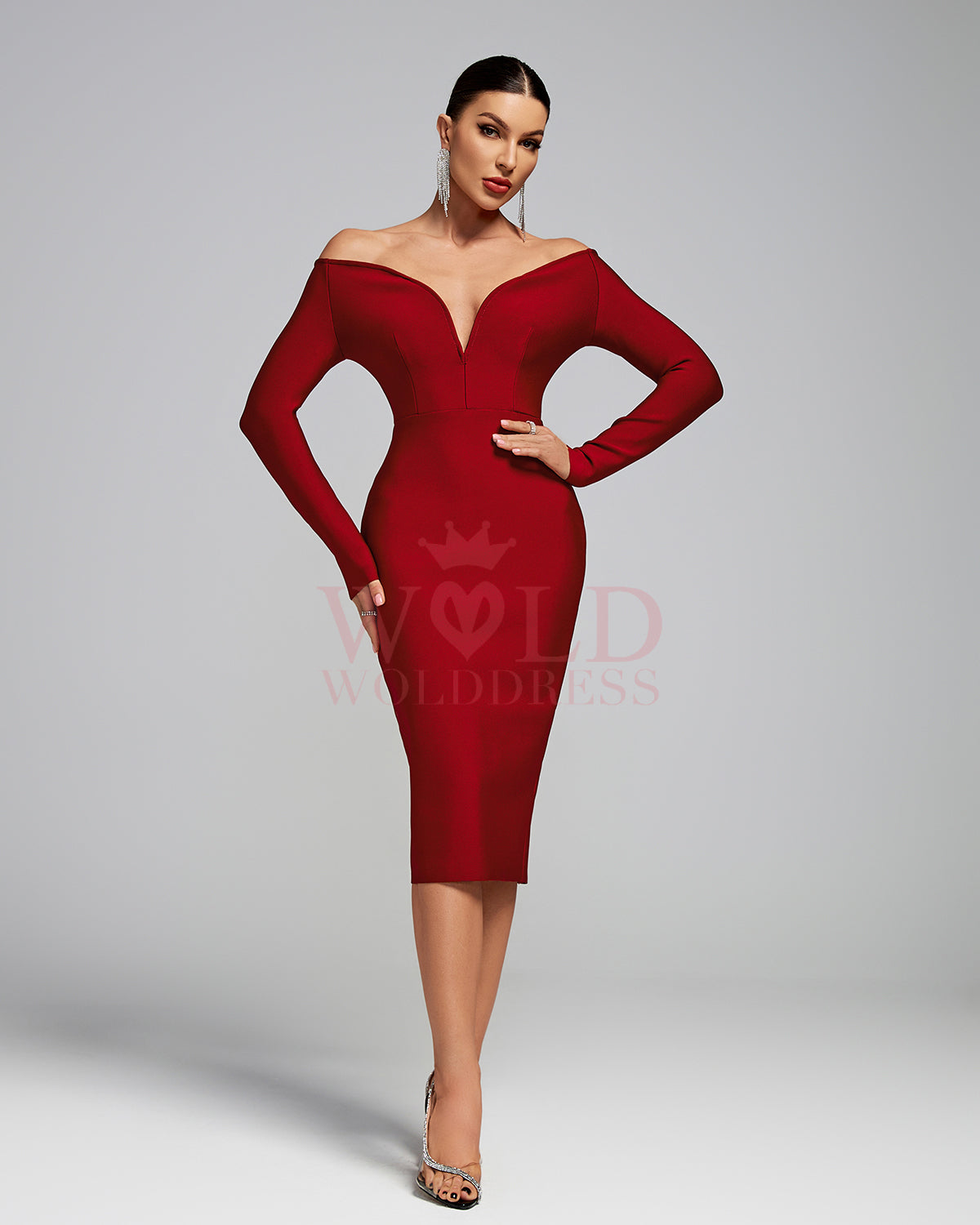 Burgundy Off Shoulder Bandage Midi Dress