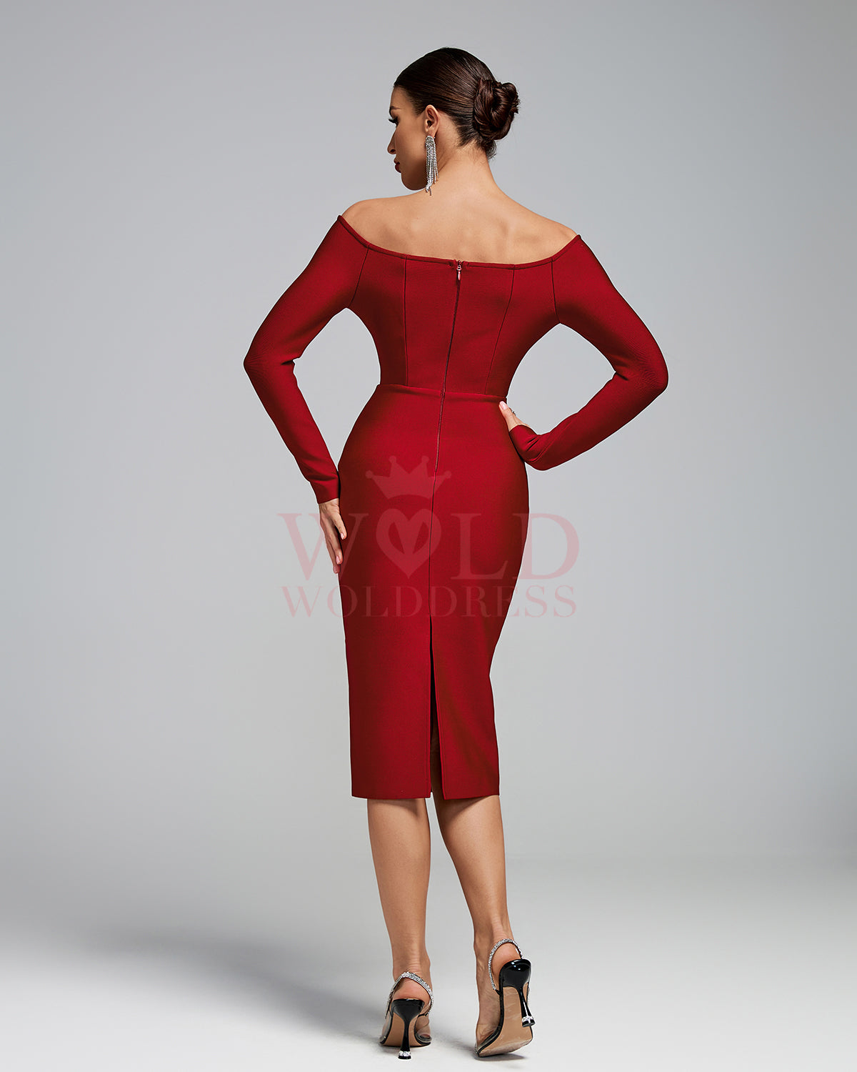 Burgundy Off Shoulder Bandage Midi Dress